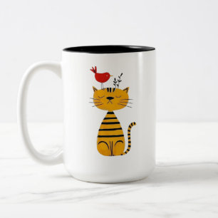 Caneca De Café Em Dois Tons Gato Listrado Fofo e Arte de Pássaro Vermelho