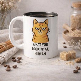 Caneca De Café Em Dois Tons Gato Mal-Humorado – “O Que Você Está Olhando, Huma