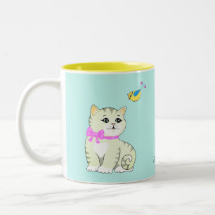 Caneca De Café Em Dois Tons Gato Malhado & Passarinho em Azul Claro 