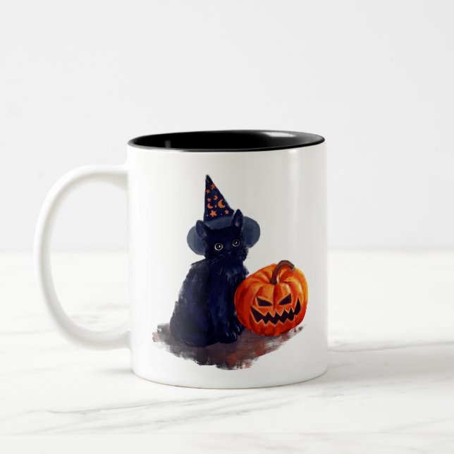 Caneca De Café Em Dois Tons Gato Negro de Halloween com Abóbora (Esquerda)