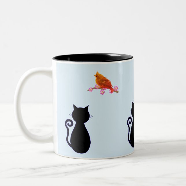Caneca De Café Em Dois Tons Gato Negro e Pássaro Vermelho (Esquerda)