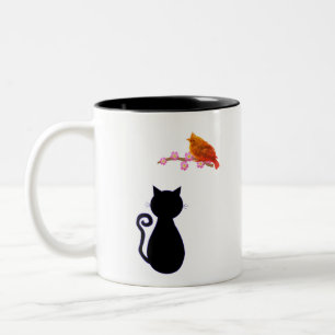 Caneca De Café Em Dois Tons Gato Negro e Pássaro Vermelho