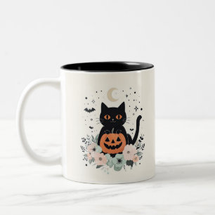 Caneca De Café Em Dois Tons Gato Negro, Lua e Abóbora do Halloween