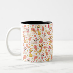 Caneca De Café Em Dois Tons Gato Paisley Vintage dos anos 60 