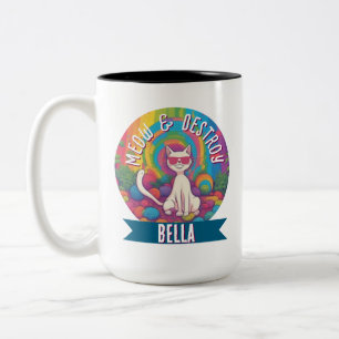 Caneca De Café Em Dois Tons Gato Personalizado Meow & Destroy Psicodélico 