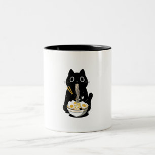 Caneca De Café Em Dois Tons Gato Preto Comendo Ramen