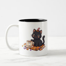 Gato Preto de Halloween Assustador e Cafeinado