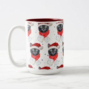 Caneca De Café Em Dois Tons Gato Preto de Natal com Cachecol Vermelho