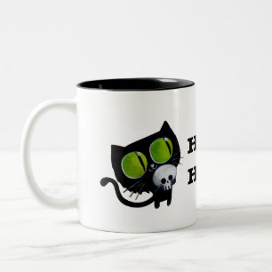 Caneca De Café Em Dois Tons Gato preto do Dia das Bruxas com crânio