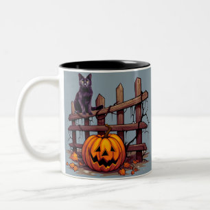 Caneca De Café Em Dois Tons Gato Preto e Abóbora Fun Creepy Assustador Hallowe