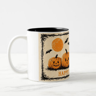Caneca De Café Em Dois Tons Gato Preto e Abóboras de Halloween Vintage