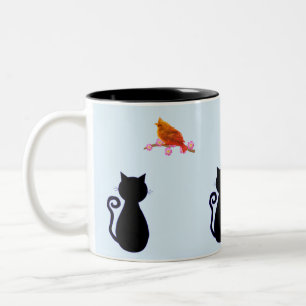 Caneca De Café Em Dois Tons Gato Preto e Pássaro Vermelho