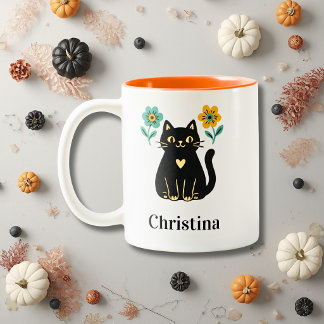 Caneca De Café Em Dois Tons Gato Preto Floral Halloween