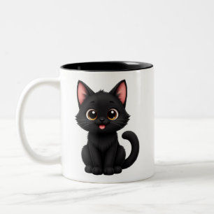 Caneca De Café Em Dois Tons Gato Preto Fofo com Olhos Dourados Grandes - Gatin