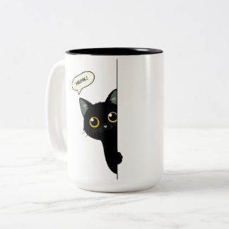 Caneca De Café Em Dois Tons Gato Preto Fofo Espiando Atrás da Quina | Engraçad