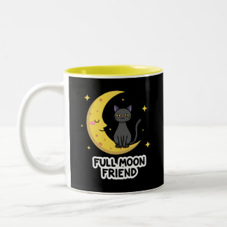 Caneca De Café Em Dois Tons Gato Preto Fofo na Lua - Amigo da Lua Cheia