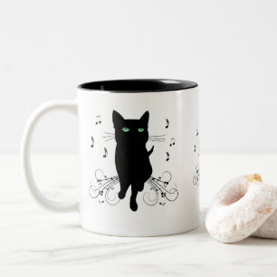 Caneca De Café Em Dois Tons Gato Preto Rodeado por Notas Musicais Sussurrantes