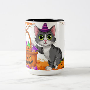 Caneca De Café Em Dois Tons Gato Rajado Com Abóbora Repleta de Doces 🎃