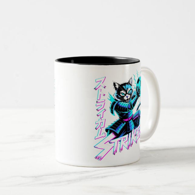 Caneca De Café Em Dois Tons Gato Samurai Ciberpunk Striker para Gamers e Anime (Frente Esquerda)
