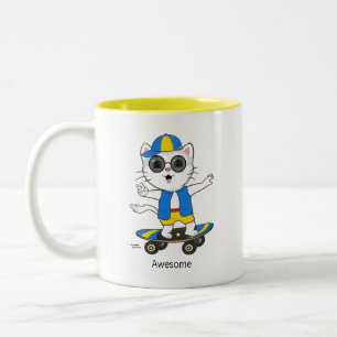 Caneca De Café Em Dois Tons Gato Skater Feliz Vestido de Azul e Amarelo