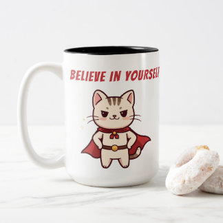 Caneca De Café Em Dois Tons Gato Super-Herói Acredite em Si Mesmo