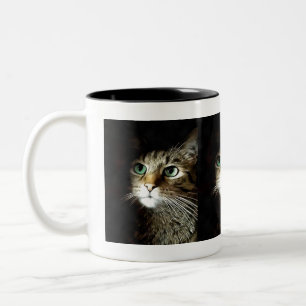 Caneca De Café Em Dois Tons Gato Tabby Com Olhos Verdes Isolado No Preto