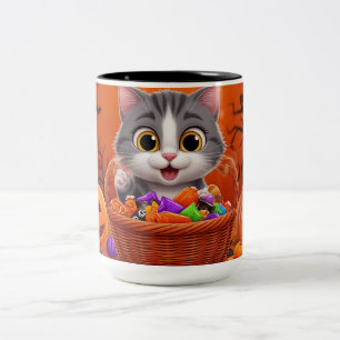 Caneca De Café Em Dois Tons Gato Tabby de Halloween Guardando Cesta de Doces d