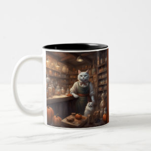 Caneca De Café Em Dois Tons Gato trabalha na Loja Country no Halloween