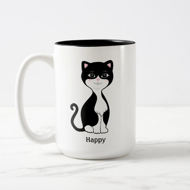 Caneca De Café Em Dois Tons Gato Tuxedo Fofo e Feliz (Esquerda)