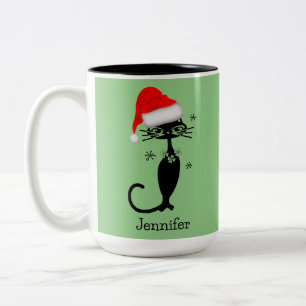 Caneca De Café Em Dois Tons Gato Verde de Pescoço Comprido Natal Retro