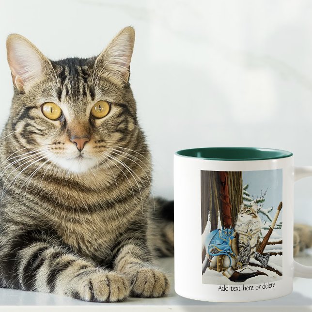 Caneca De Café Em Dois Tons Gato Viking Azul Dragão Fantasia  (Criador carregado)