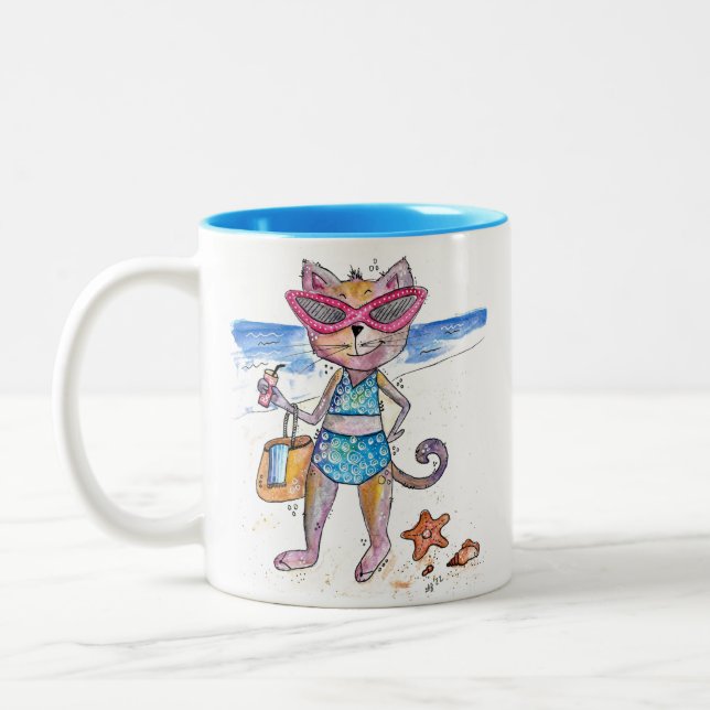 Caneca De Café Em Dois Tons Gato Whimsical na Praia (Esquerda)