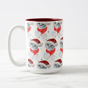 Caneca De Café Em Dois Tons Gato Xadrez Cinza Natal Adorável Aquarela
