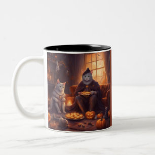 Caneca De Café Em Dois Tons Gatos Antropomórficos na Noite de Halloween