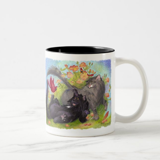 Caneca De Café Em Dois Tons Gatos, cardeais e rosas/caneca (Direita)