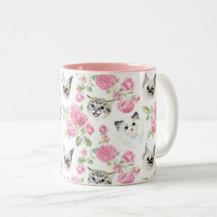 Caneca De Café Em Dois Tons Gatos e Rosas