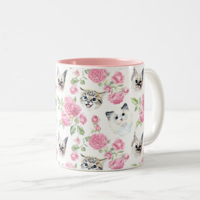 Caneca De Café Em Dois Tons Gatos e Rosas (Frente Esquerda)
