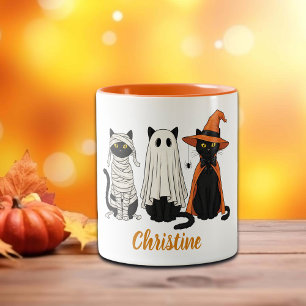 Caneca De Café Em Dois Tons Gatos Negros Fantasma Halloween
