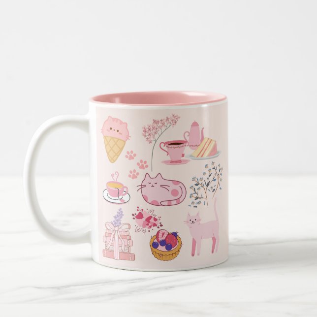Caneca De Café Em Dois Tons Gatos Rosa de Chá da Tarde (Esquerda)