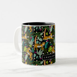 Caneca De Café Em Dois Tons Gatos Safari Pretos Da Selva Botânica Do Tigre Tro