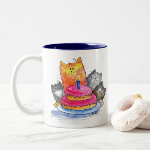 Caneca De Café Em Dois Tons Gatos Whimsso com Bolo de Aniversário