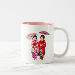 Caneca De Café Em Dois Tons Geisha bonitinha japonesa com quimono rosa