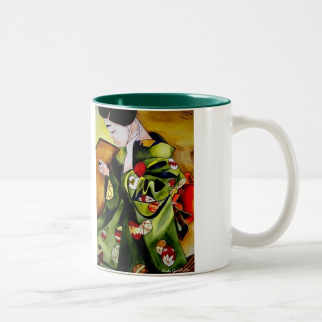 Caneca De Café Em Dois Tons Geisha com arte original kimono verde-oliva (Direita)