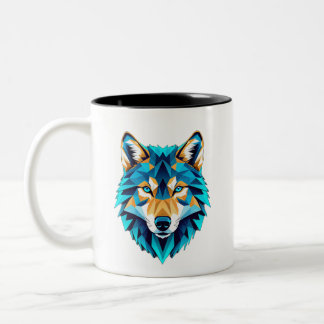 Caneca De Café Em Dois Tons Geometric Wolf Head – Neon Blue Low Poly Animal Ar