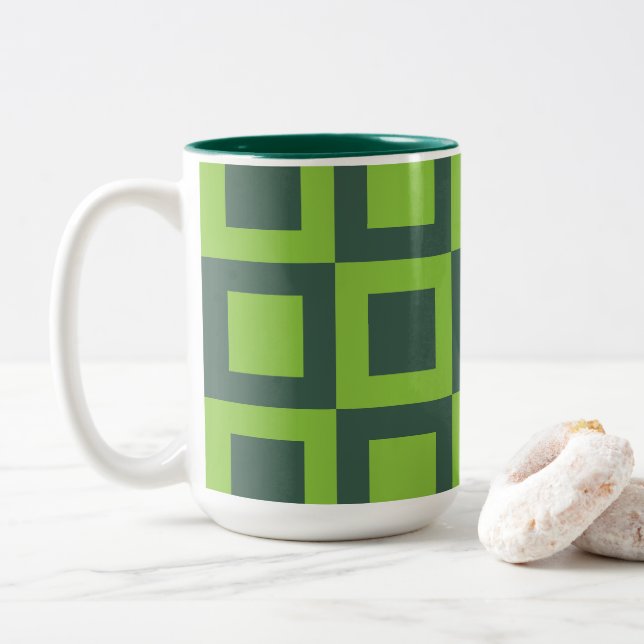 Caneca De Café Em Dois Tons Geométrico em quadrados verdes (Com Donut)