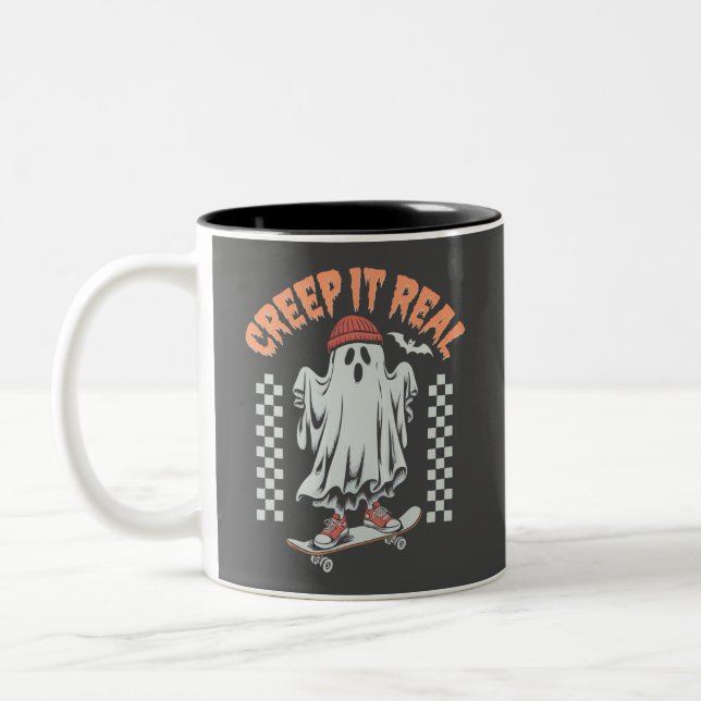 Caneca De Café Em Dois Tons Ghost do Skate de Halloween Retron Creme (Esquerda)