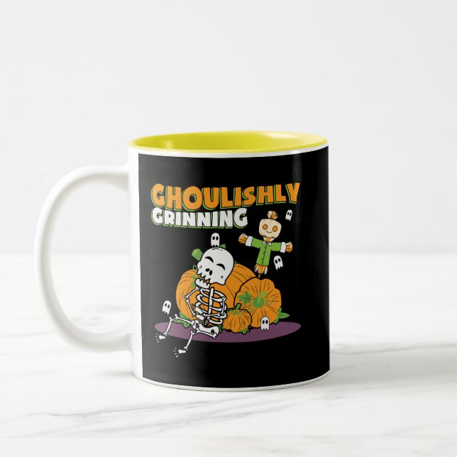 Caneca De Café Em Dois Tons Ghoul Halloween Ghoul, Ghouly Grinning (Esquerda)