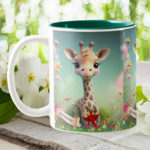 Caneca De Café Em Dois Tons Girafa bonita no jardim personalizada