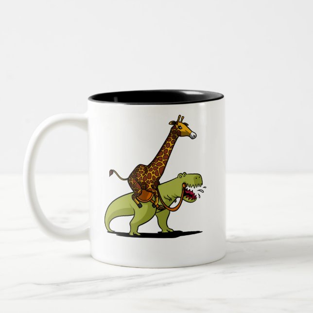 Caneca De Café Em Dois Tons Girafa que monta animais engraçados do dinossauro (Esquerda)