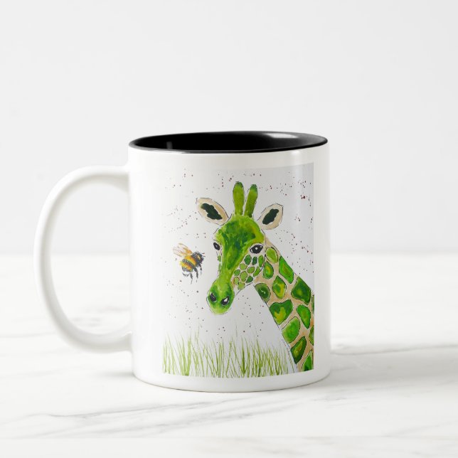 Caneca De Café Em Dois Tons Girafa verde bonito e uma abelha do bumble (Esquerda)